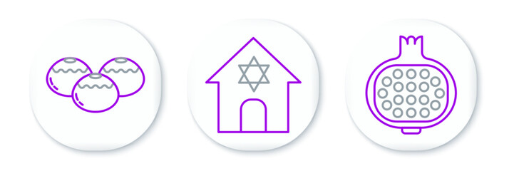 Set line Pomegranate, Jewish sweet bakery and synagogue icon. Vector