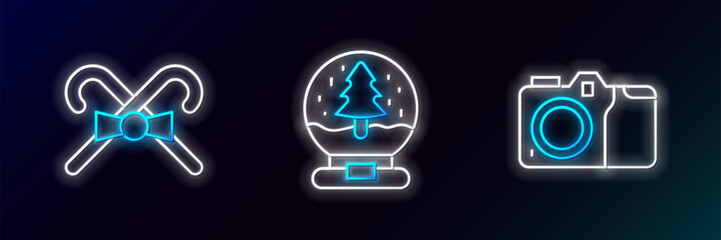 Set line Photo camera, Christmas candy cane and snow globe icon. Glowing neon. Vector