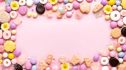 Naklejka na ściany i meble Happy Easter cookies on pastel pink background made in flower shape, copy space and top view