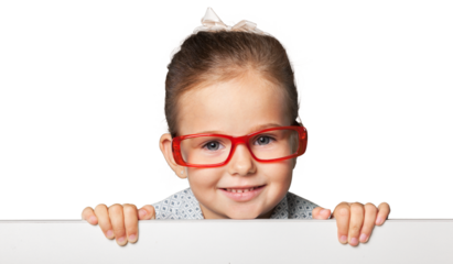 Little smiling girl with white blank close up on  background