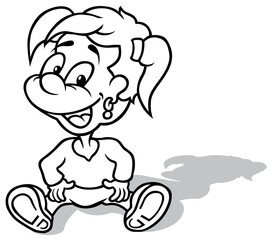 Drawing of a Sitting Little Girl with Ponytails