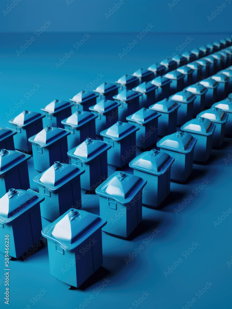 Poster a fleet of blue bins lined up in a row like toy soldiers.. ai generation.