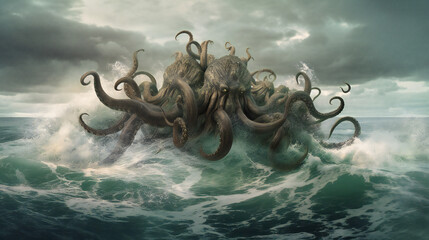 Hydra Heads Emerging from Stormy Sea, Menacing Expressions, Digital Illustration, generative AI