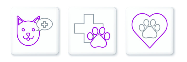 Set line Heart with animals footprint, Veterinary clinic symbol and icon. Vector