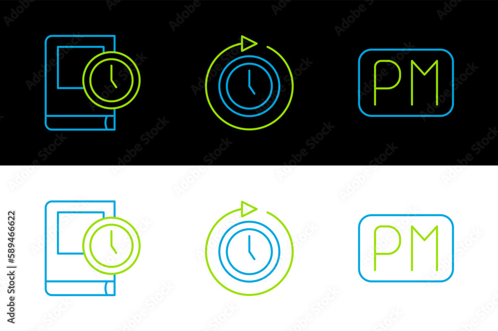Poster set line day time, time for book and clock with arrow icon. vector