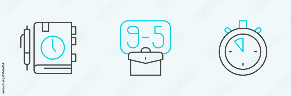 Poster set line stopwatch, daily paper notepad and from 9 icon. vector