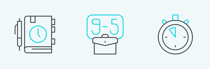 Set line Stopwatch, Daily paper notepad and From 9 icon. Vector