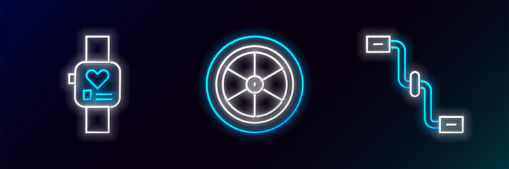 Set line Bicycle pedals, Smart watch and wheel icon. Glowing neon. Vector