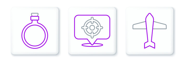 Set line Jet fighter, Canteen water bottle and Target sport icon. Vector