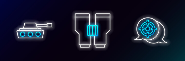 Set line Target sport, Military tank and Binoculars icon. Glowing neon. Vector
