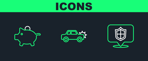 Set line Location shield, Piggy bank and Car icon. Vector