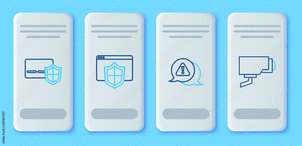 Poster set line browser with shield, exclamation mark in triangle, credit card and security camera icon. ve