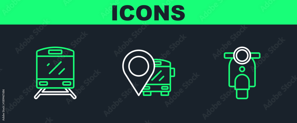 Poster set line scooter, train and location with bus icon. vector