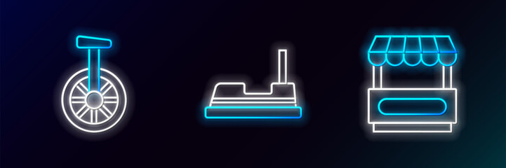 Set line Fast street food cart, Unicycle or one wheel bicycle and Bumper icon. Glowing neon. Vector © Oksana