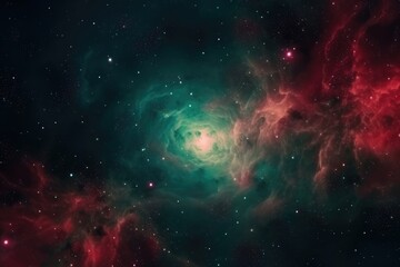 Fototapeta na wymiar Mystical Universe: A stunning depiction of the cosmos in red and green, with a mesmerizing void and shimmering stars, representing the beauty and magic of the universe