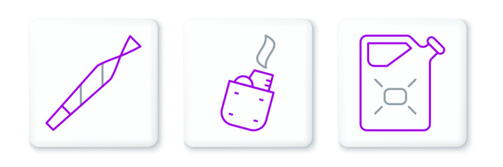 Set line Canister fuel, Marijuana joint and Lighter icon. Vector