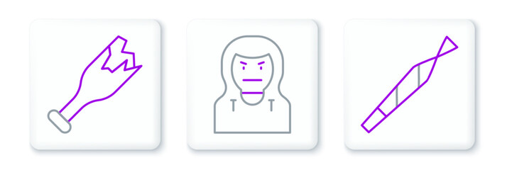 Set line Marijuana joint, Broken bottle as weapon and Thief mask icon. Vector