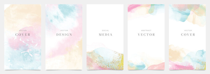 Watercolor art background cover template set. Wallpaper design with paint brush, colorful, brush stroke, pastel, gold texture. Abstract illustration for prints, wall art and invitation card, banner.