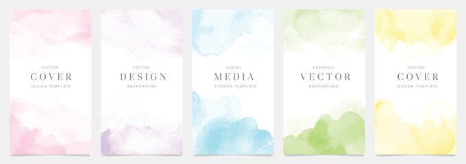 Watercolor art background cover template set. Wallpaper design with paint brush, pink, blue,green, yellow color, brush stroke. Abstract illustration for prints, wall art and invitation card, banner. © TWINS DESIGN STUDIO