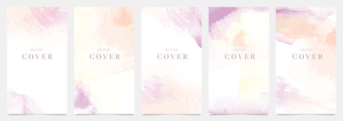 Watercolor art background cover template set. Wallpaper design with paint brush, pink, orange color, brush stroke, pastel. Abstract illustration for prints, wall art and invitation card, banner.