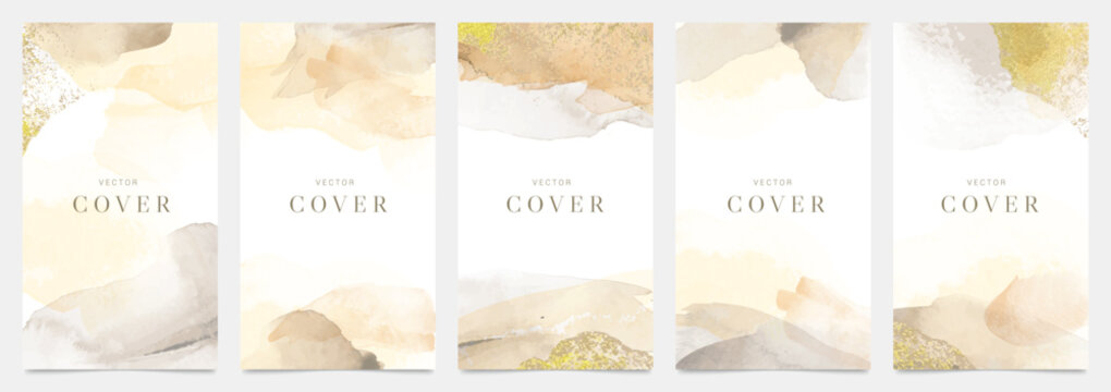 Watercolor art background cover template set. Wallpaper design with paint brush, beige, brush stroke, pastel, gold texture. Earth tone illustration for prints, wall art and invitation card, banner.