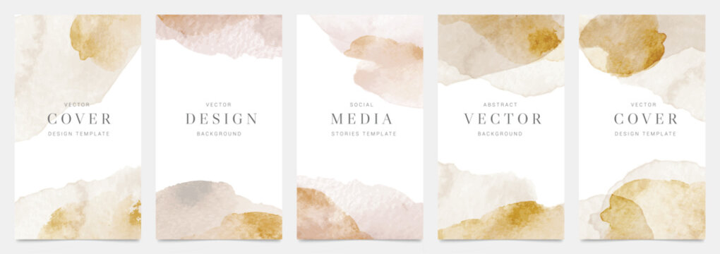 Watercolor art background cover template set. Wallpaper design with paint brush, beige, brush stroke, pastel. Earth tone illustration for prints, wall art and invitation card, banner.