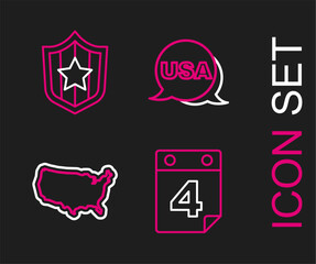 Set line Calendar with date July 4, USA map, Independence day and Shield stars icon. Vector