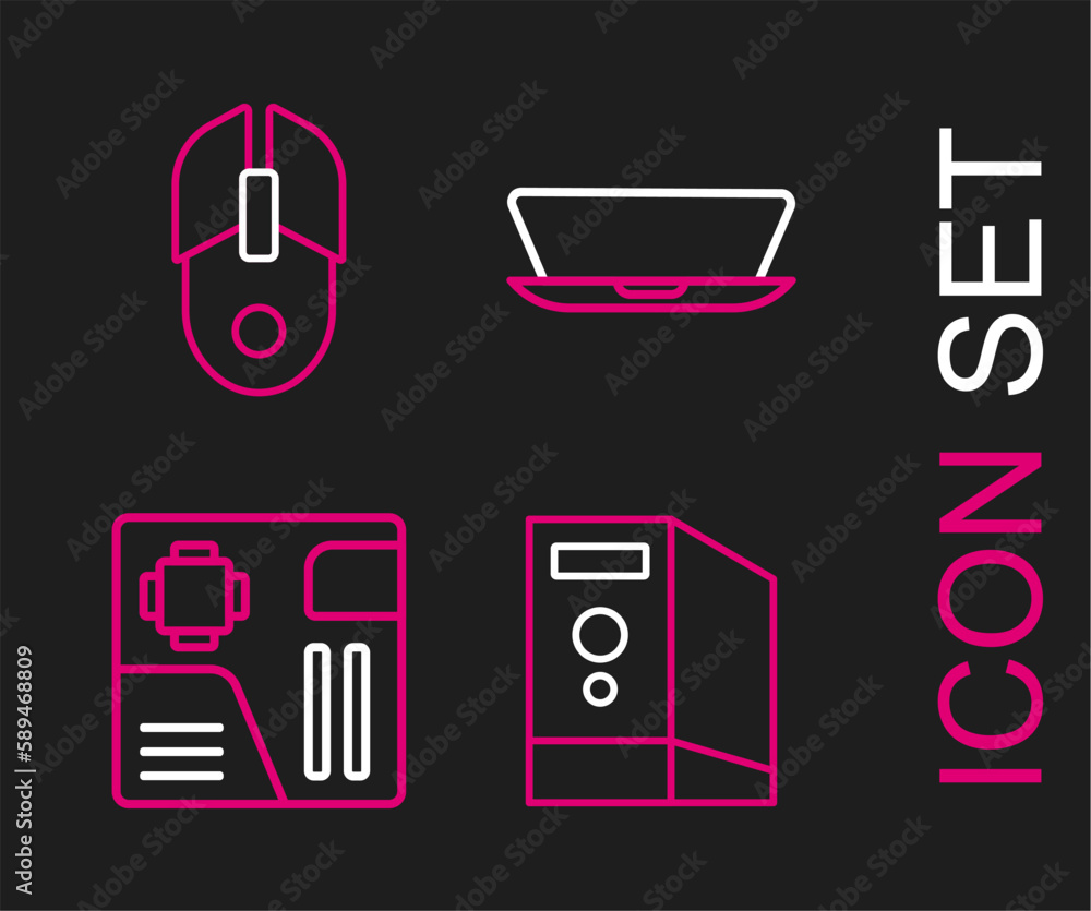 Poster set line case of computer, motherboard digital chip, laptop and computer mouse icon. vector