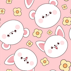 Cute pink seamless kawaii pattern with polar bear and cat with flowers