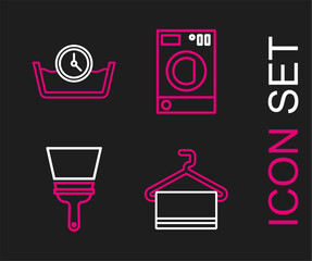 Set line Towel on hanger, Rubber cleaner for windows, Washer and Time wash icon. Vector