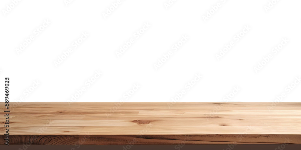 Poster a blank empty wooden table top for product placement. generative ai