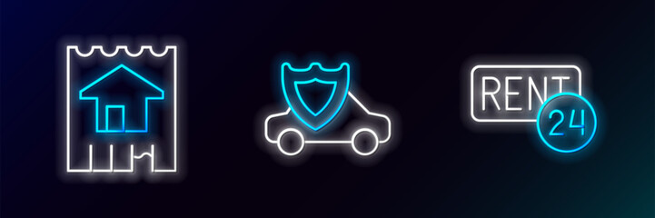 Set line Rent, House and Car with shield icon. Glowing neon. Vector
