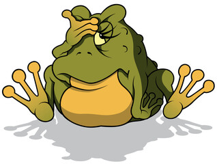 Green Frog with a Hand on his Forehead Sitting on the Ground