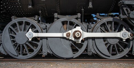 Closeup shot of the wheels of an old Steam locomotive on the railway