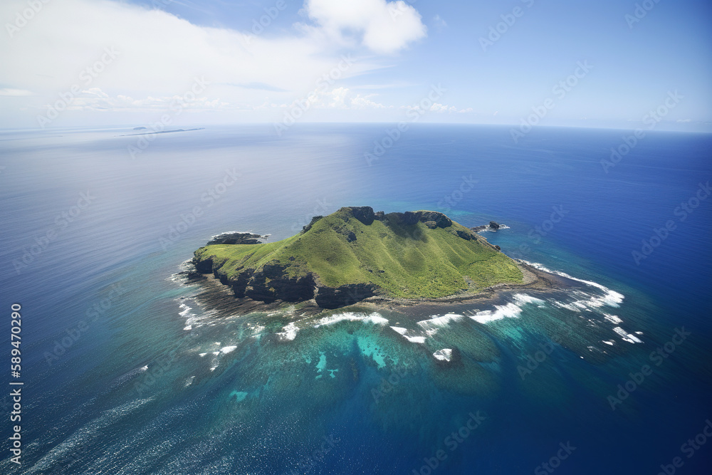 Poster aerial view of a small island in the middle of the ocean. created with generative ai technology