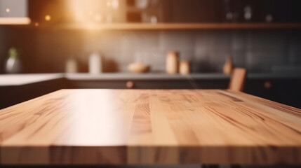 Empty wooden table on kitchen background. Illustration AI Generative