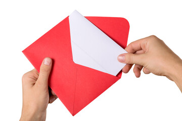 Envelope with Greeting Card in hands isolated on white
