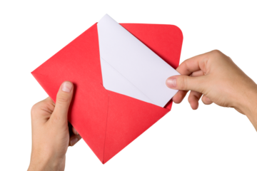 Envelope with Greeting Card in hands isolated on white