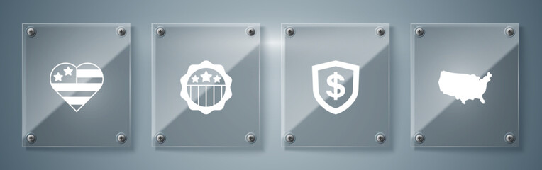 Set USA map, Shield with dollar, Independence day and . Square glass panels. Vector