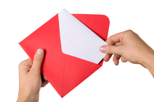 Envelope with Greeting Card in hands isolated on white - Powered by Adobe