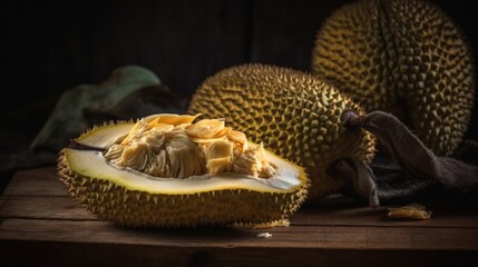 Tropical Treasure Ripe Jackfruit with Seeds on a Rustic Background Captured 