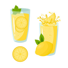 Lemon fruit. Lemonade, juice in a glass. Vector set in flat style