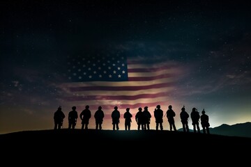 A dramatic image of United States military heroes silhouetted before the nation's flag, celebrating Veterans Day, Memorial Day, and Independence Day. generative ai