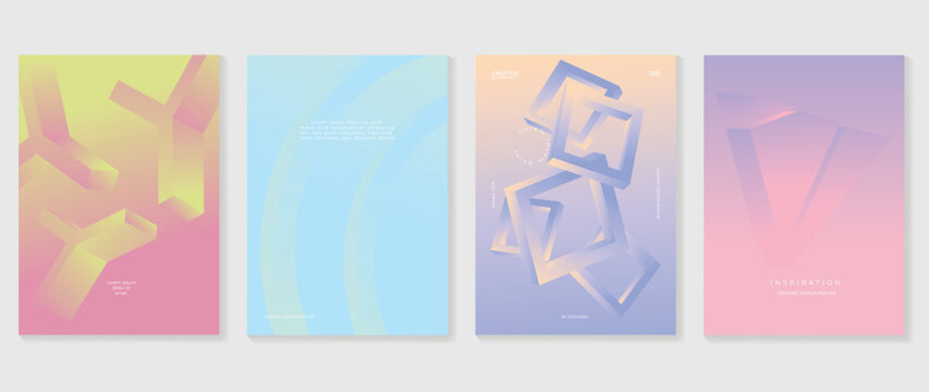 Abstract gradient background vector set. Minimalist style cover template with vibrant perspective 3d geometric prism shapes collection. Ideal design for social media, poster, cover, banner, flyer.