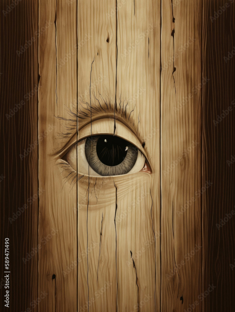 Poster a single eye peers through a tiny crack in a wooden door a sense of dread emanating from behind it..
