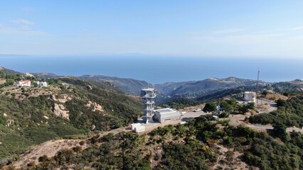 Aerial view of Topanga Microwave tower on a sunny day in Calabasas City, California, USA