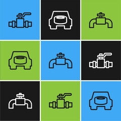 Set line Metallic pipes and valve, and Spare wheel in the car icon. Vector
