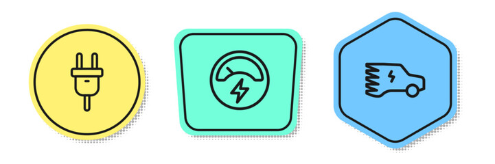 Set line Electric plug, Voltmeter and car. Colored shapes. Vector