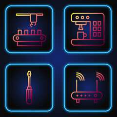 Set line Router and wi-fi signal, Screwdriver, Factory conveyor system belt and Coffee machine. Gradient color icons. Vector