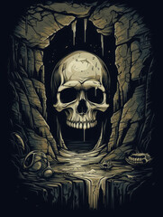 Fototapeta premium A ghoulish skull emerging from a crypt its hollow eyes daring you to dare to enter. Gothic art. AI generation.